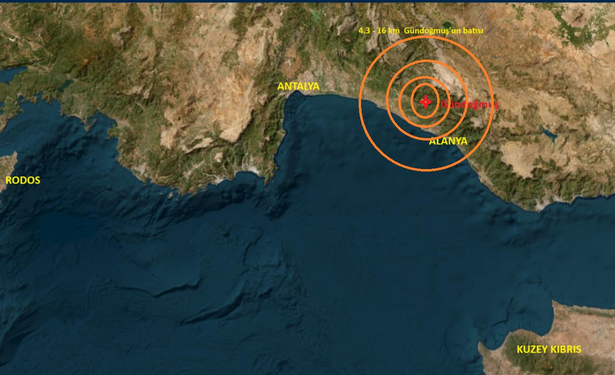 Antalya'nın Gündoğmuş ilçesinin 16 Km batısında 4.3 büyüklüğünde deprem.